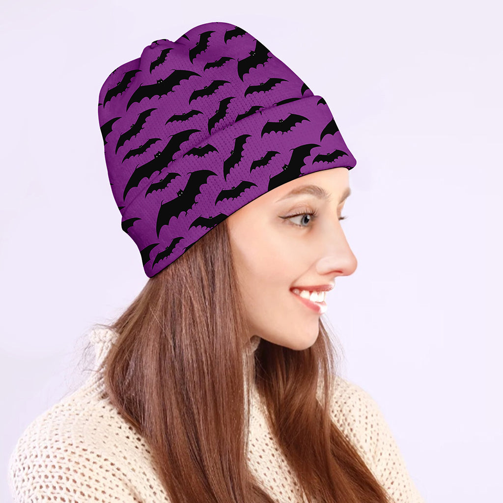 Purple And Black Halloween Bat Print Beanie