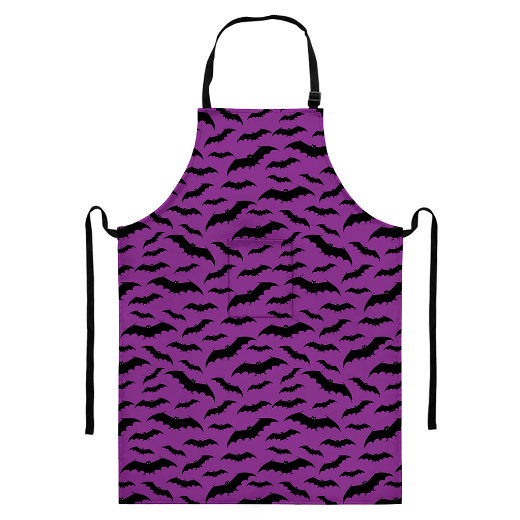 Purple And Black Halloween Bat Print Bib Apron With Pocket
