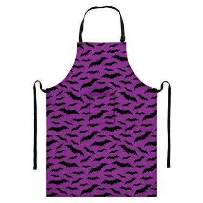 Purple And Black Halloween Bat Print Bib Apron With Pocket