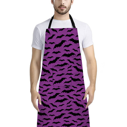 Purple And Black Halloween Bat Print Bib Apron With Pocket
