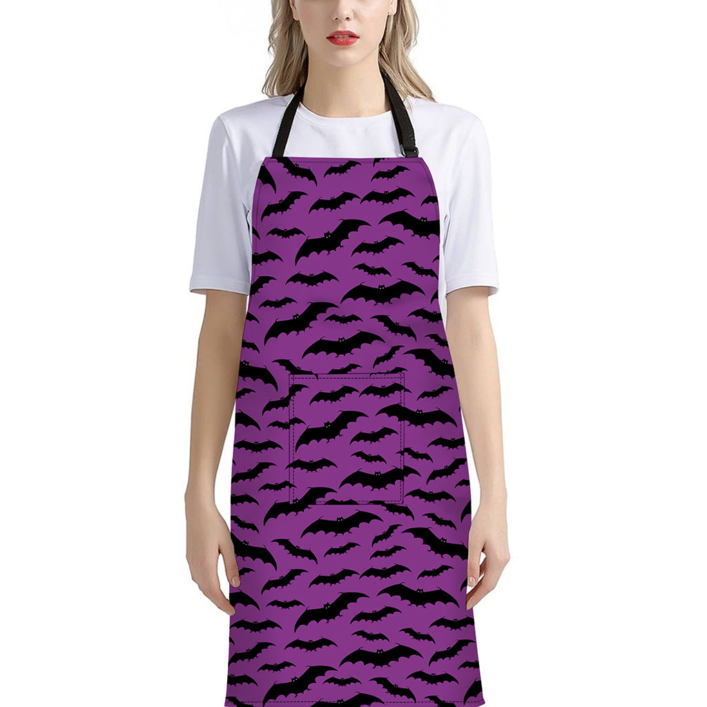 Purple And Black Halloween Bat Print Bib Apron With Pocket