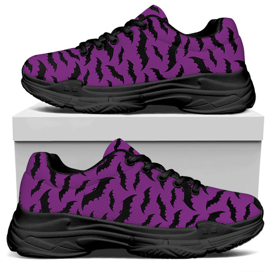 Purple And Black Halloween Bat Print Black Chunky Shoes