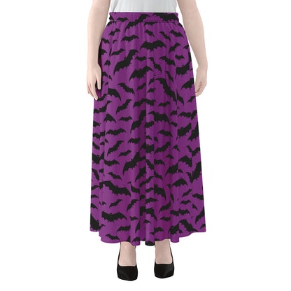 Purple And Black Halloween Bat Print Chiffon Maxi Skirt