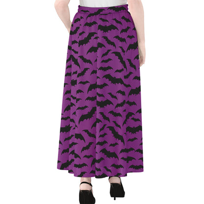 Purple And Black Halloween Bat Print Chiffon Maxi Skirt