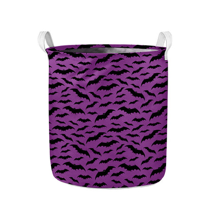 Purple And Black Halloween Bat Print Collapsible Laundry Basket