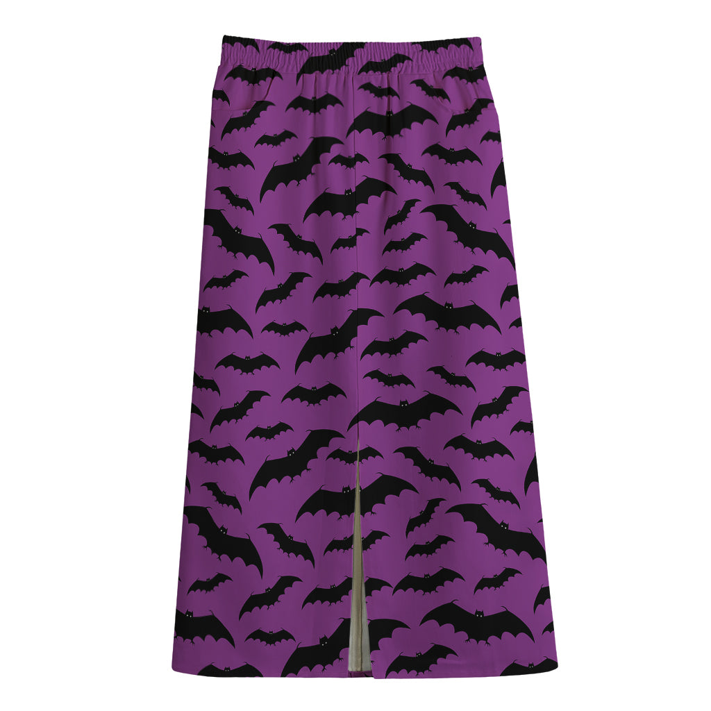 Purple And Black Halloween Bat Print Cotton Front Slit Maxi Skirt