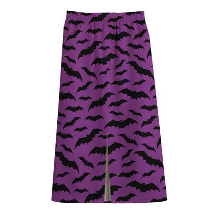 Purple And Black Halloween Bat Print Cotton Front Slit Maxi Skirt