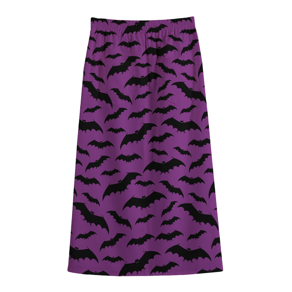 Purple And Black Halloween Bat Print Cotton Front Slit Maxi Skirt