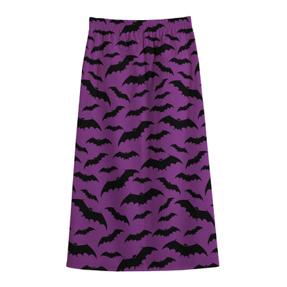 Purple And Black Halloween Bat Print Cotton Front Slit Maxi Skirt
