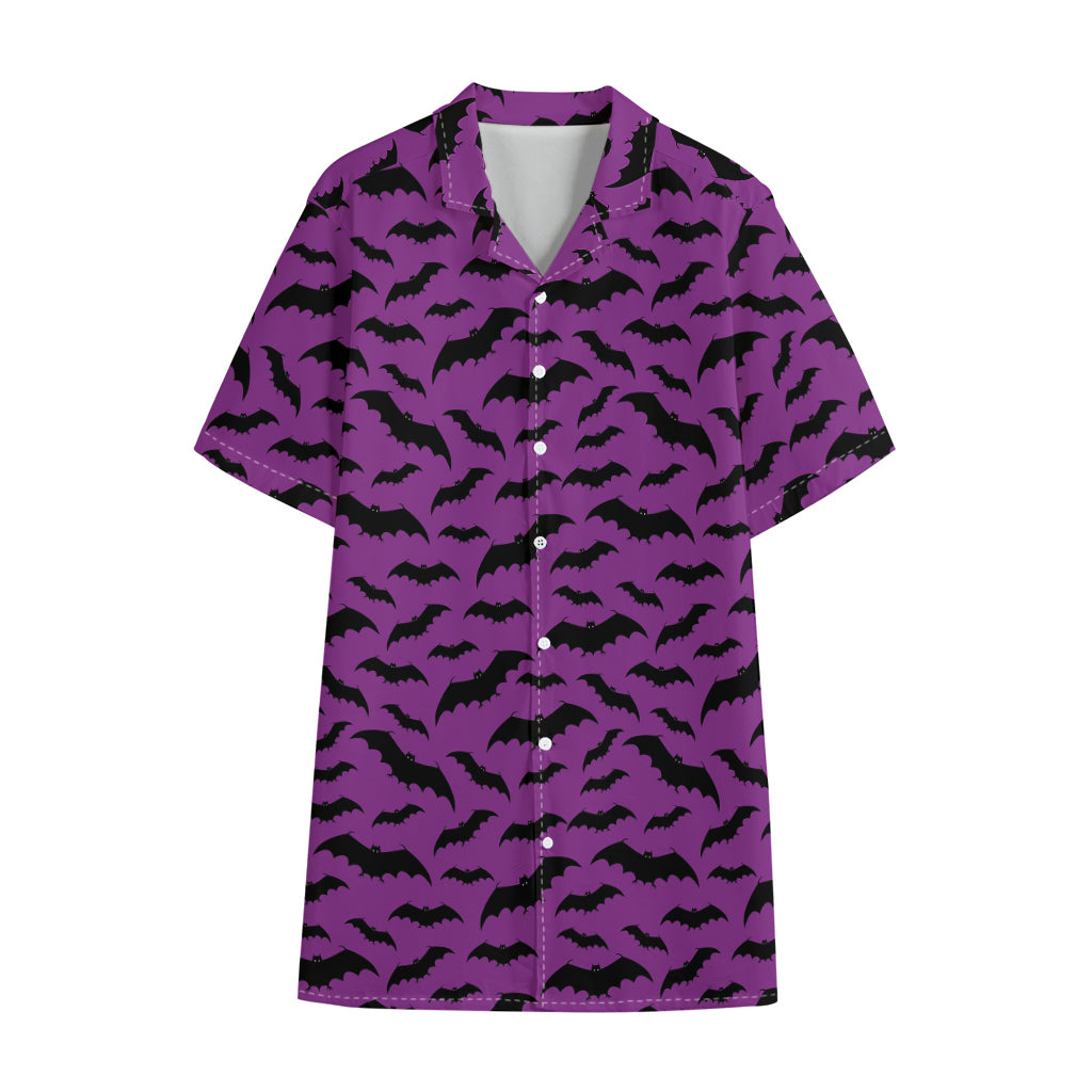 Purple And Black Halloween Bat Print Cotton Hawaiian Shirt