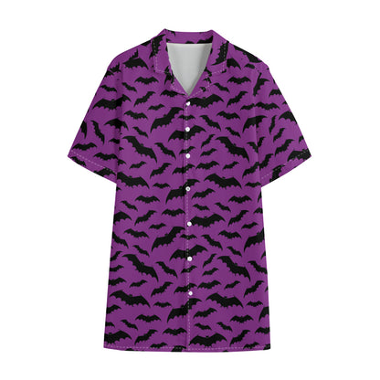 Purple And Black Halloween Bat Print Cotton Hawaiian Shirt