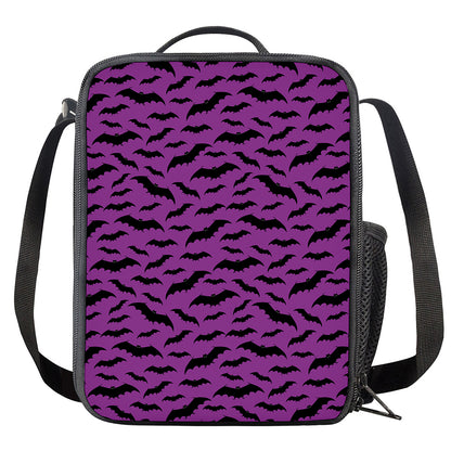 Purple And Black Halloween Bat Print Crossbody Lunch Bag
