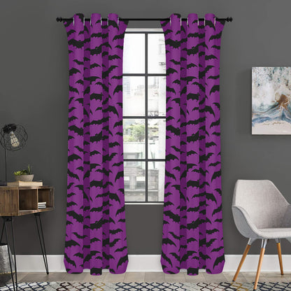 Purple And Black Halloween Bat Print Curtain