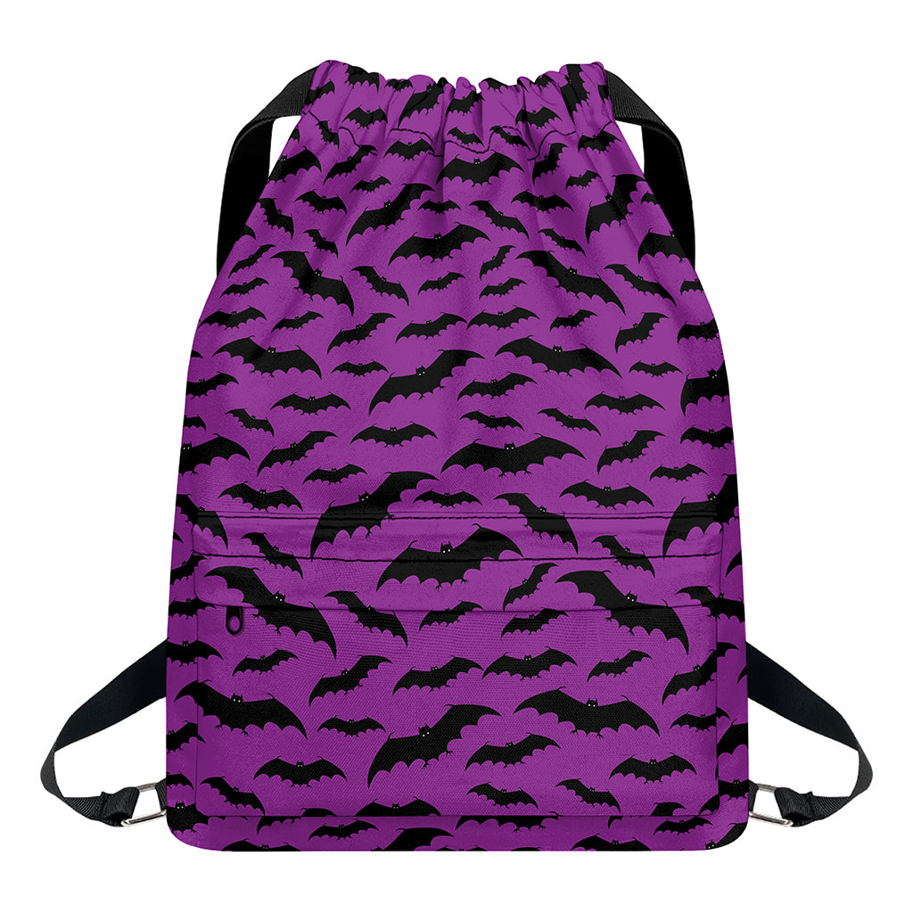 Purple And Black Halloween Bat Print Drawstring Backpack
