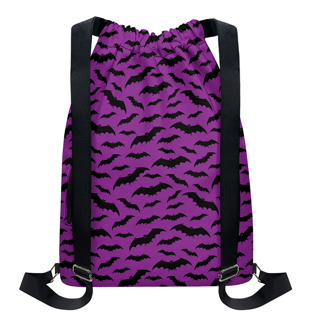 Purple And Black Halloween Bat Print Drawstring Backpack