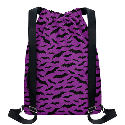 Purple And Black Halloween Bat Print Drawstring Backpack