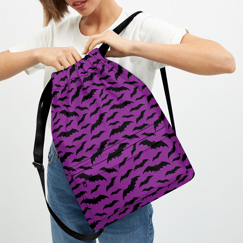 Purple And Black Halloween Bat Print Drawstring Backpack