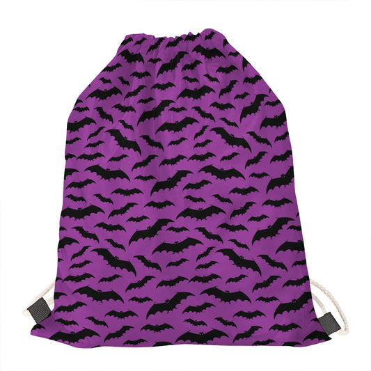 Purple And Black Halloween Bat Print Drawstring Bag