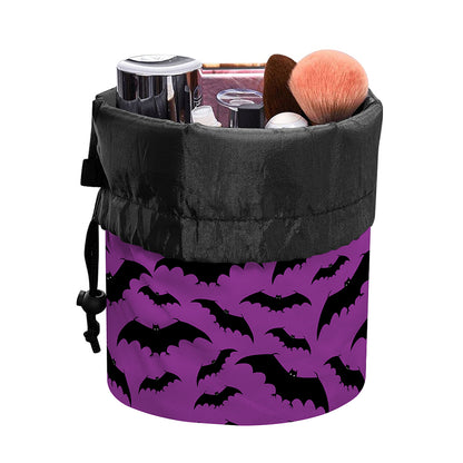 Purple And Black Halloween Bat Print Drawstring Makeup Bag