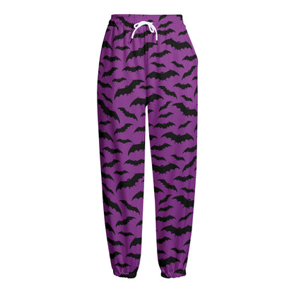 Purple And Black Halloween Bat Print Fleece Lined Knit Pants
