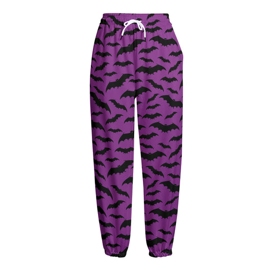 Purple And Black Halloween Bat Print Fleece Lined Knit Pants