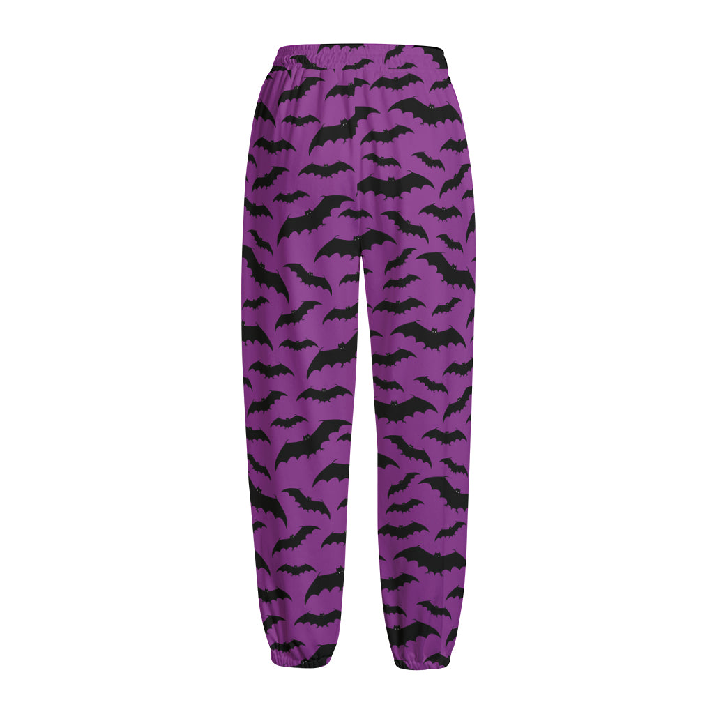 Purple And Black Halloween Bat Print Fleece Lined Knit Pants