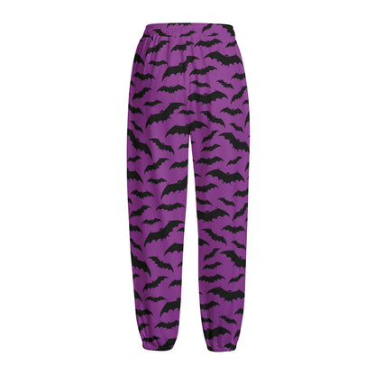 Purple And Black Halloween Bat Print Fleece Lined Knit Pants