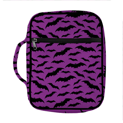 Purple And Black Halloween Bat Print Front Pocket Bible Bag