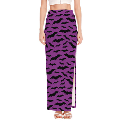 Purple And Black Halloween Bat Print High Slit Maxi Skirt