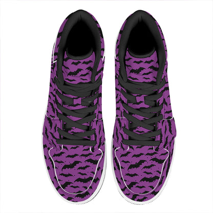 Purple And Black Halloween Bat Print High Top Leather Sneakers