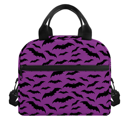 Purple And Black Halloween Bat Print Insulated Lunch Bag