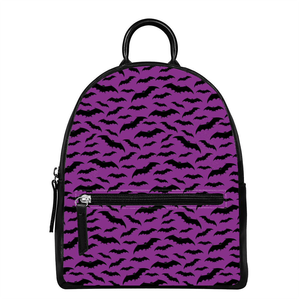 Purple And Black Halloween Bat Print Leather Backpack