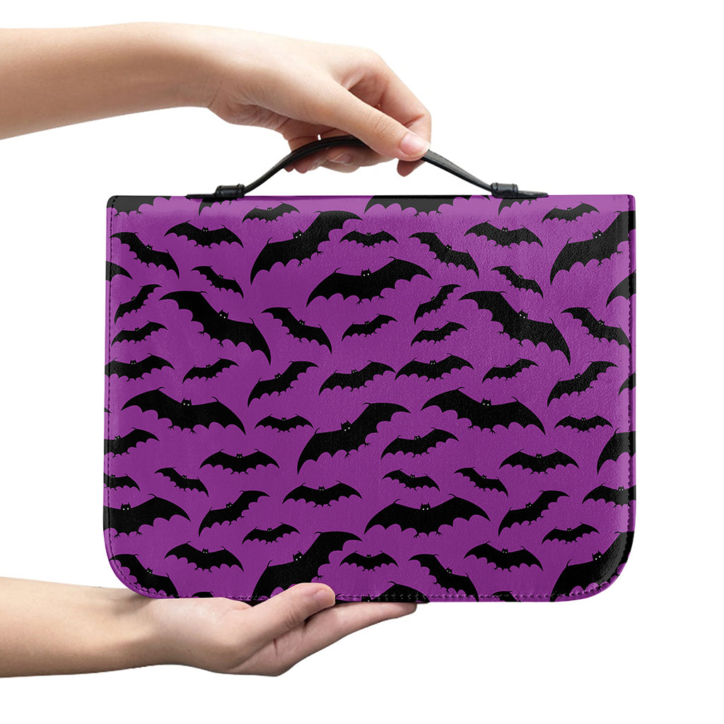 Purple And Black Halloween Bat Print Leather Bible Cover