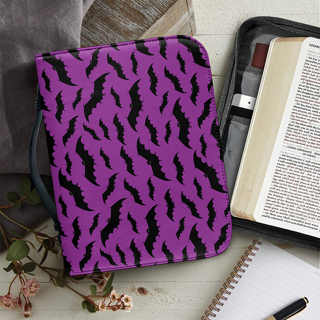 Purple And Black Halloween Bat Print Leather Bible Cover