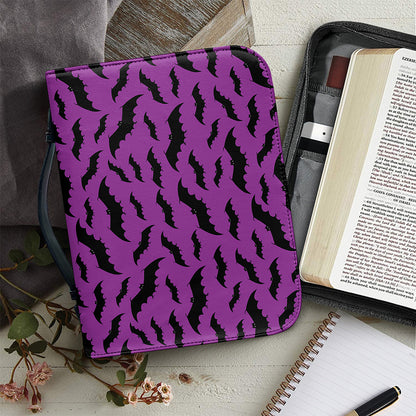 Purple And Black Halloween Bat Print Leather Bible Cover