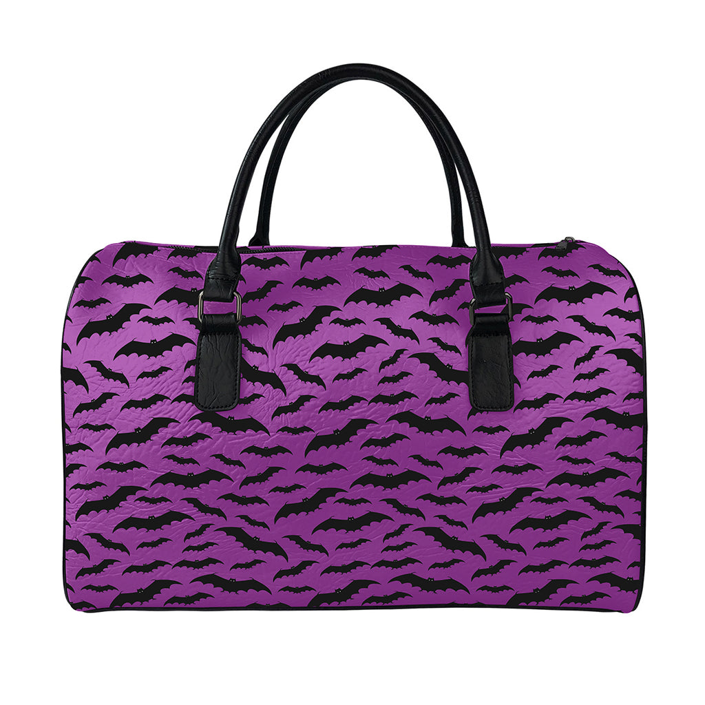 Purple And Black Halloween Bat Print Leather Duffle Bag