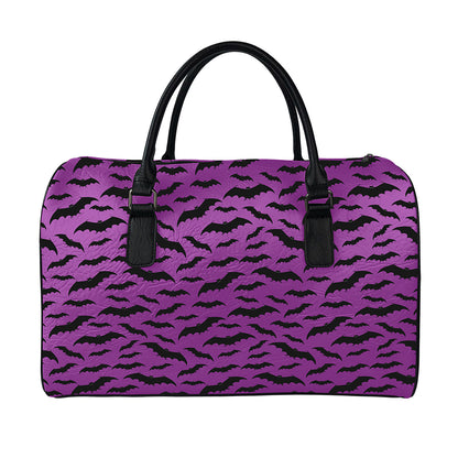 Purple And Black Halloween Bat Print Leather Duffle Bag
