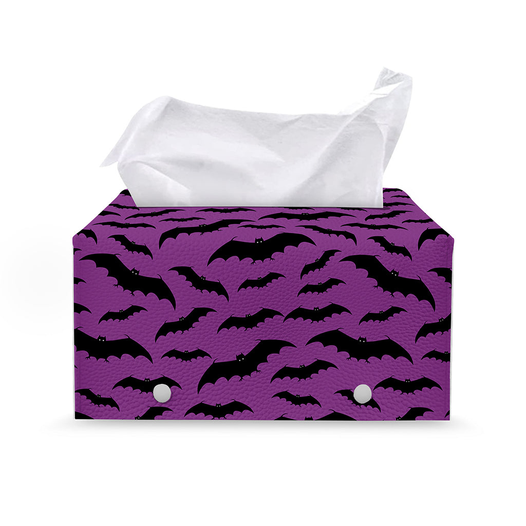 Purple And Black Halloween Bat Print Leather Tissue Box Cover