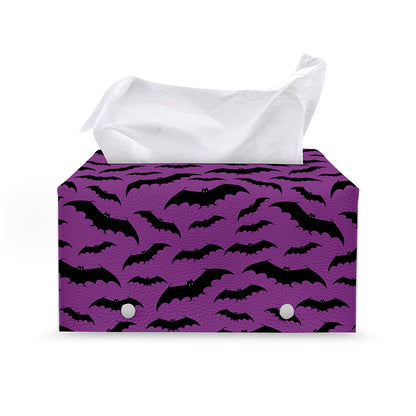 Purple And Black Halloween Bat Print Leather Tissue Box Cover