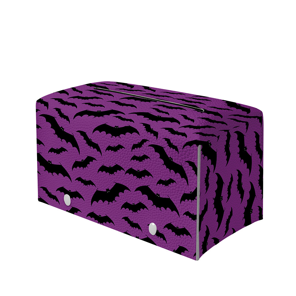 Purple And Black Halloween Bat Print Leather Tissue Box Cover