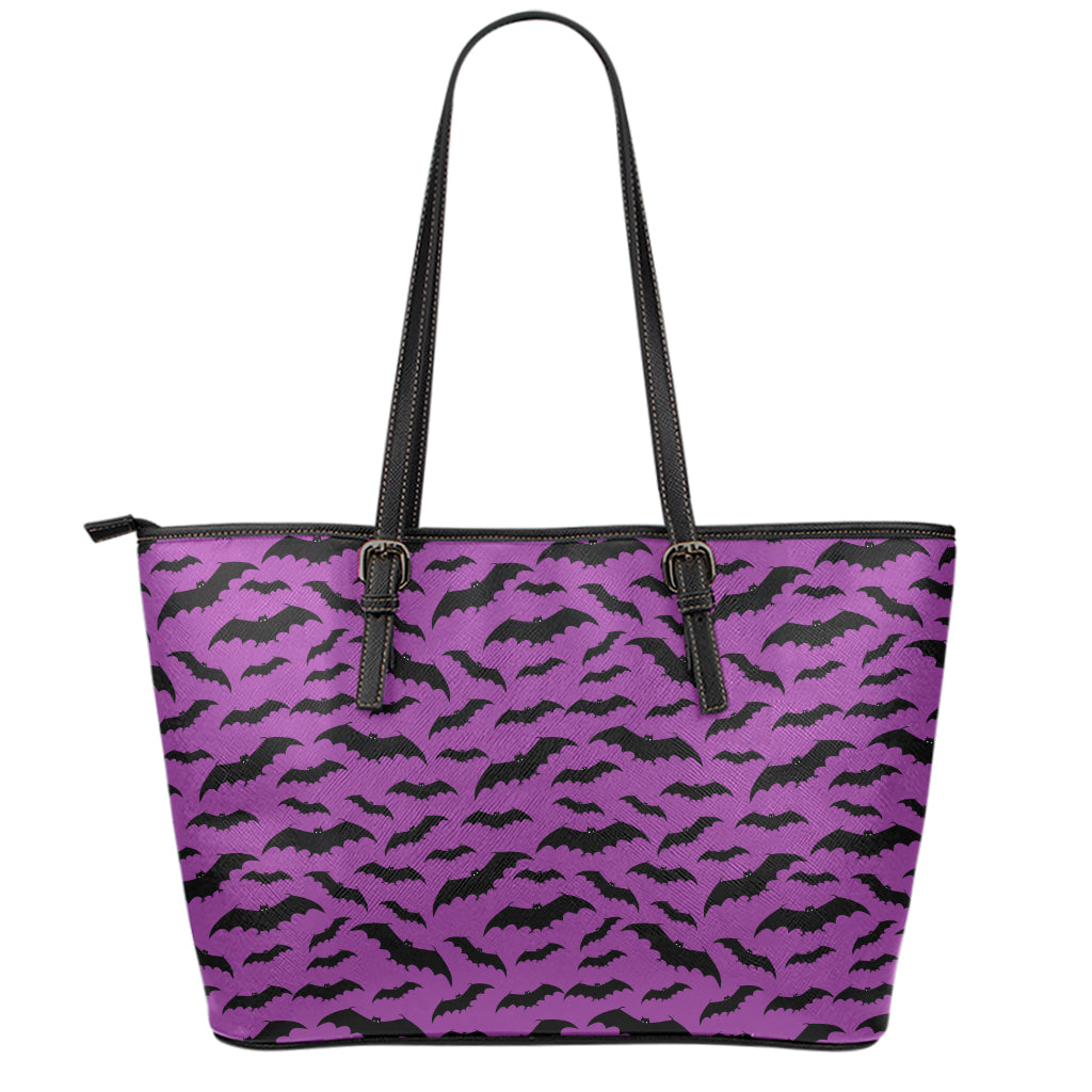 Purple And Black Halloween Bat Print Leather Tote Bag