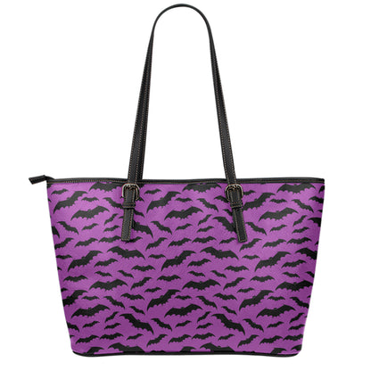 Purple And Black Halloween Bat Print Leather Tote Bag