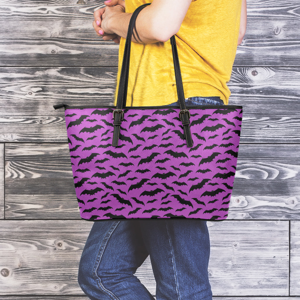 Purple And Black Halloween Bat Print Leather Tote Bag