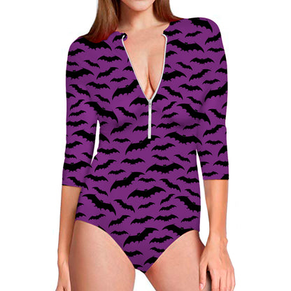 Purple And Black Halloween Bat Print Long Sleeve Swimsuit