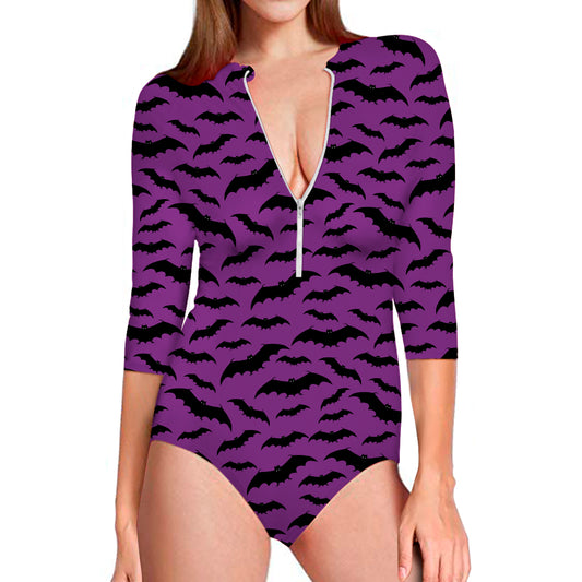 Purple And Black Halloween Bat Print Long Sleeve Swimsuit