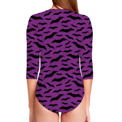 Purple And Black Halloween Bat Print Long Sleeve Swimsuit
