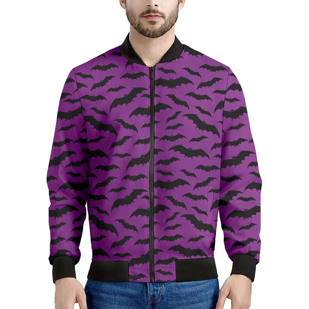 Purple And Black Halloween Bat Print Men's Bomber Jacket