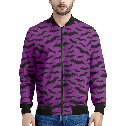 Purple And Black Halloween Bat Print Men's Bomber Jacket
