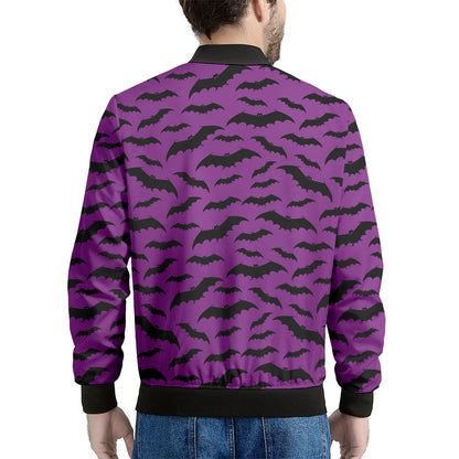 Purple And Black Halloween Bat Print Men's Bomber Jacket
