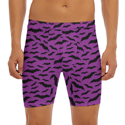 Purple And Black Halloween Bat Print Men's Long Boxer Briefs